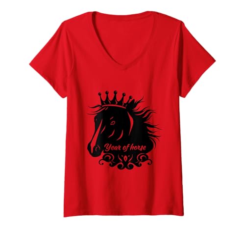Damen Jahr des Pferdes 2026 Chinesisches Mondneujahr Dekorationen T-Shirt mit V-Ausschnitt Damen Jahr des Pferdes 2026 Chinesisches Mondneujahr Dekorationen T-Shirt mit V-Ausschnitt von Lunar 2026 Girls