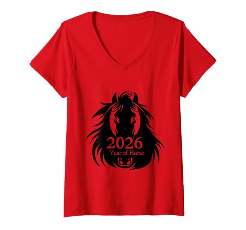 Damen Vintage Mondneujahr des Pferdes Chinesisch 2026 T-Shirt mit V-Ausschnitt Damen Vintage Mondneujahr des Pferdes Chinesisch 2026 T-Shirt mit V-Ausschnitt von Lunar 2026 Horse Zodiac Tshirts