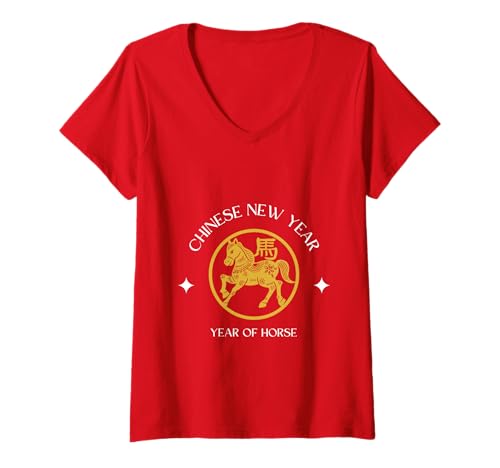 Damen Frohes chinesisches Neujahr 2026 Jahr des Pferdes T-Shirt mit V-Ausschnitt Damen Frohes chinesisches Neujahr 2026 Jahr des Pferdes T-Shirt mit V-Ausschnitt von Lunar 2026 New Year Men Women Tees