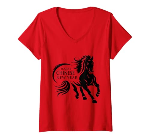 Damen Jahr des Pferdes 2026 Happy Chinese New Year T-Shirt mit V-Ausschnitt von Lunar 2026 Zodiac Designs Lantern Decorations