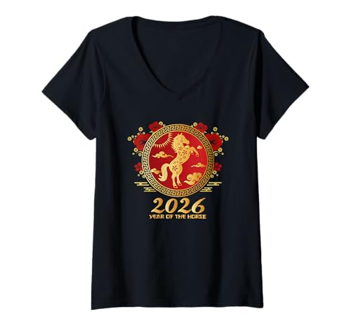 Damen Happy Chinese New Year Art 2026 Oval Year of The Horse T-Shirt mit V-Ausschnitt Damen Happy Chinese New Year Art 2026 Oval Year of The Horse T-Shirt mit V-Ausschnitt von Lunar Calendar Zodiac Decorations Shirts & Gifts