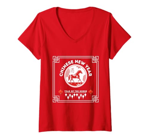 Damen Chinesisches Neujahr 2026 Horoskop Pferd Sternzeichen T-Shirt mit V-Ausschnitt von Lunar Chinese New Year Fire Horse Festival