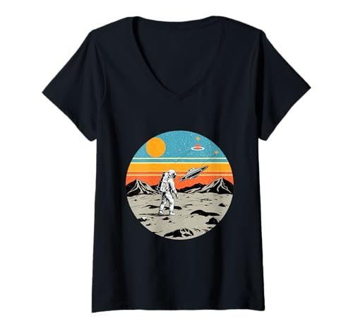 Damen Astronaut Mond UFO Space Planet Retro Explore T-Shirt mit V-Ausschnitt Damen Astronaut Mond UFO Space Planet Retro Explore T-Shirt mit V-Ausschnitt von Lunar Craft Cosmic Retro Space