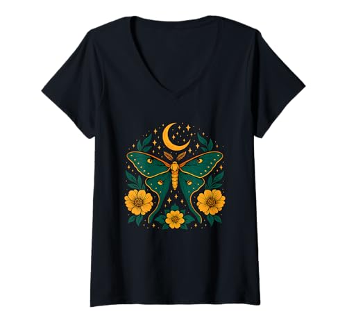 Damen Motte und Mond Blumen Nacht Zeit Himmel Natur Kunst T-Shirt mit V-Ausschnitt Damen Motte und Mond Blumen Nacht Zeit Himmel Natur Kunst T-Shirt mit V-Ausschnitt von Lunar Garden Wear