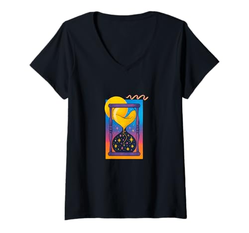 Damen Celestial Sands Sanduhr Cosmic Time Flow Starry T-Shirt mit V-Ausschnitt Damen Celestial Sands Sanduhr Cosmic Time Flow Starry T-Shirt mit V-Ausschnitt von Lunar Horizon Studio Celestial Season