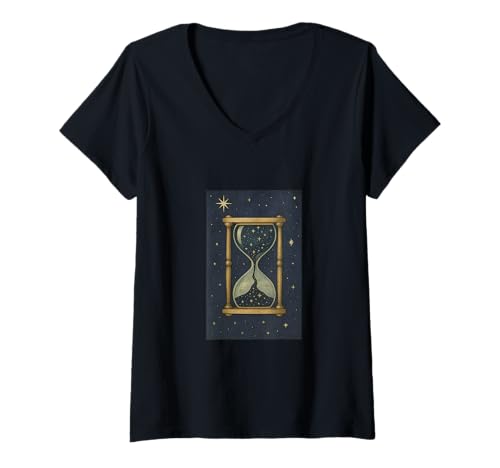 Damen Celestial Sands Sanduhr Cosmic Time Flow Starry T-Shirt mit V-Ausschnitt von Lunar Horizon Studio Celestial