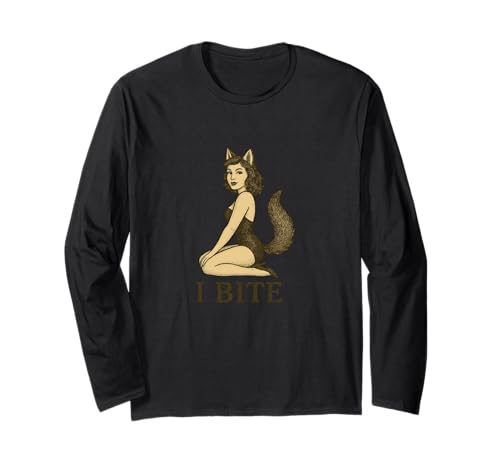 Wolf Girl Pinup, Retro-Motiv „I Bite Furry Fursona“, Fantasy-Design Langarmshirt Wolf Girl Pinup, Retro-Motiv „I Bite Furry Fursona“, Fantasy-Design Langarmshirt von Lunar Howl Studio Art