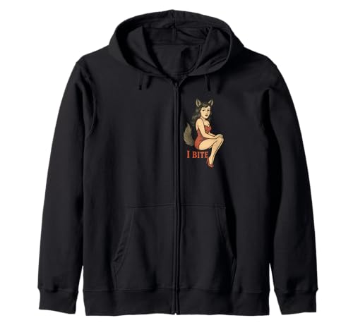 Wolf Girl Pinup, Retro-Motiv „I Bite Furry Fursona“, Fantasy-Design Kapuzenjacke Wolf Girl Pinup, Retro-Motiv „I Bite Furry Fursona“, Fantasy-Design Kapuzenjacke von Lunar Howl Studio Arts