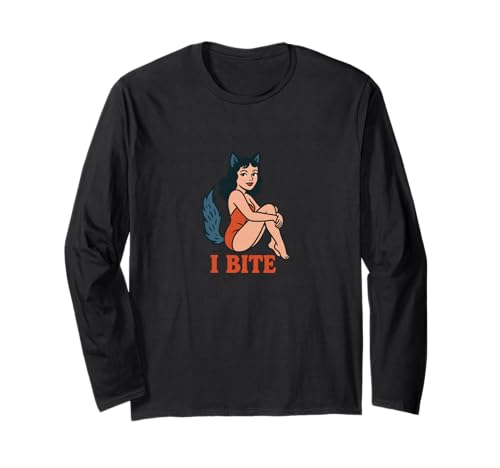 Wolf Girl Pinup, Retro-Motiv „I Bite Furry Fursona“, Fantasy-Design Langarmshirt von Lunar Howl Studio Girls