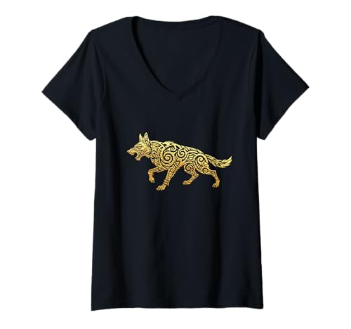 Damen Goldenes Tribal-Wolf-Artwork-Design T-Shirt mit V-Ausschnitt Damen Goldenes Tribal-Wolf-Artwork-Design T-Shirt mit V-Ausschnitt von Lunar Hunter
