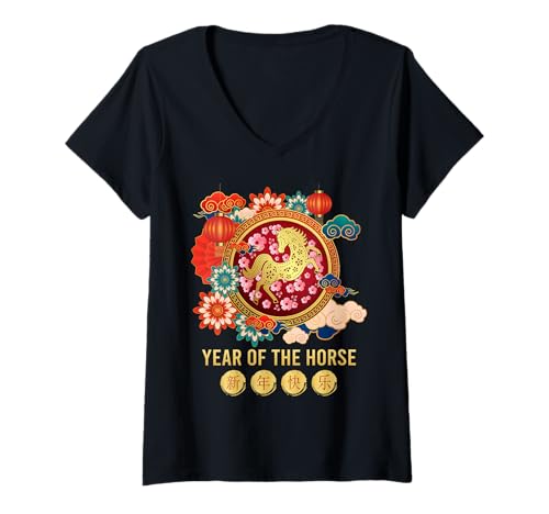 Damen Chinesisches Neujahr 2026 Jahr des Pferdes T-Shirt mit V-Ausschnitt Damen Chinesisches Neujahr 2026 Jahr des Pferdes T-Shirt mit V-Ausschnitt von Lunar New Year 2026 - Chinese Horse New Year