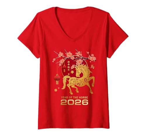 Damen Chinesisches Neujahr 2026 Jahr des Pferdes T-Shirt mit V-Ausschnitt Damen Chinesisches Neujahr 2026 Jahr des Pferdes T-Shirt mit V-Ausschnitt von Lunar New Year 2026 Chinese New Year Decorations