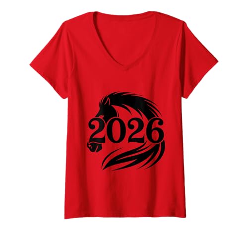 Damen Jahr des Pferdes Sternzeichen 2026 Chinesische Dekorationen T-Shirt mit V-Ausschnitt Damen Jahr des Pferdes Sternzeichen 2026 Chinesische Dekorationen T-Shirt mit V-Ausschnitt von Lunar New Year 2026 TShirts
