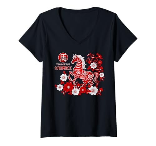 Damen Jahr des Pferdes Chinesisches Neujahr 2026 T-Shirt mit V-Ausschnitt Damen Jahr des Pferdes Chinesisches Neujahr 2026 T-Shirt mit V-Ausschnitt von Lunar New Year 2026 Year of the Horse 2026