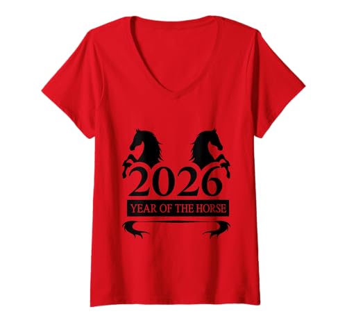 Damen Jahr des Pferdeschwanzes 2026 Chinesisches Neujahr 2026 T-Shirt mit V-Ausschnitt Damen Jahr des Pferdeschwanzes 2026 Chinesisches Neujahr 2026 T-Shirt mit V-Ausschnitt von Lunar New Year 2026 Zodiac Designs