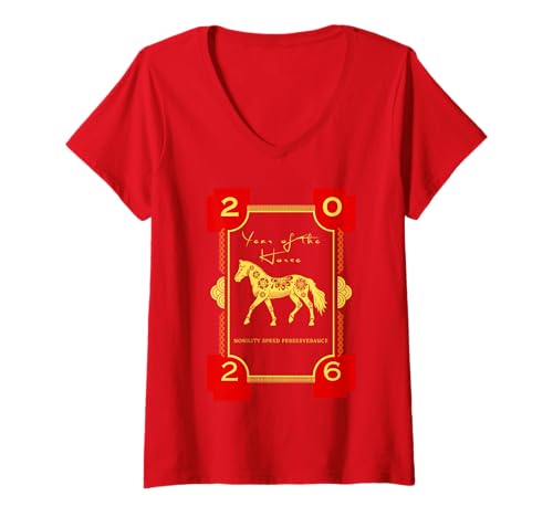 Damen Jahr des Pferdes 2026 Floral Happy Chinese New Year T-Shirt mit V-Ausschnitt Damen Jahr des Pferdes 2026 Floral Happy Chinese New Year T-Shirt mit V-Ausschnitt von Lunar New Year Festival Tees