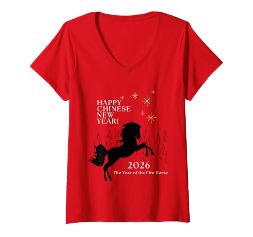 Damen Chinesisches Neujahr 2026 Sternzeichen Pferd Kunst T-Shirt mit V-Ausschnitt Damen Chinesisches Neujahr 2026 Sternzeichen Pferd Kunst T-Shirt mit V-Ausschnitt von Lunar New Year Horse Zodiac Tees