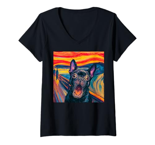Damen Lustige Französische Bulldogge Hundeliebhaber Parodie Kunst The Scream T-Shirt mit V-Ausschnitt Damen Lustige Französische Bulldogge Hundeliebhaber Parodie Kunst The Scream T-Shirt mit V-Ausschnitt von Lunar Paws Studio