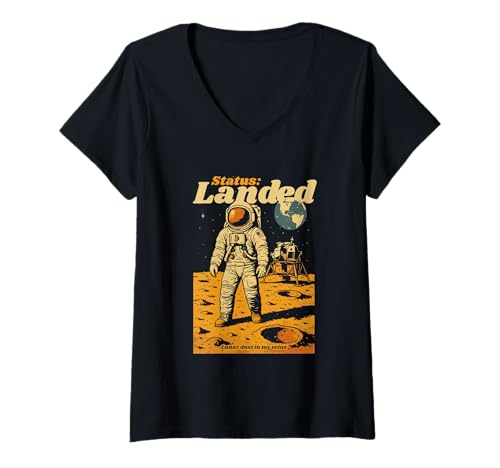 Damen Status Landed Mond Astronaut Retro Space Art T-Shirt mit V-Ausschnitt Damen Status Landed Mond Astronaut Retro Space Art T-Shirt mit V-Ausschnitt von Lunar Relics Club