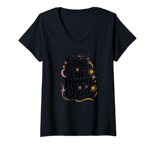 Damen Stay Wild, Moon Child – Celestial Boho Vibes Spirit Retro T-Shirt mit V-Ausschnitt von Lunar Soul Collective Moon Child