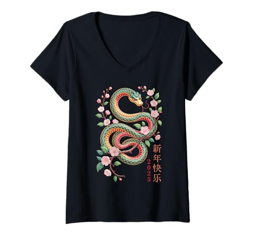 Damen Chinesisches Neujahr 2025 Schlange Kirschblüte Fest T-Shirt mit V-Ausschnitt von Lunar Year Snake Zodiac Asian Festival 2025