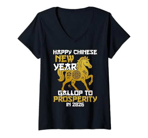Damen Frohes Chinesisches Neujahr Pferd 2026 T-Shirt mit V-Ausschnitt Damen Frohes Chinesisches Neujahr Pferd 2026 T-Shirt mit V-Ausschnitt von Lunar Zodiac Neujahr Pferde Designs Feier