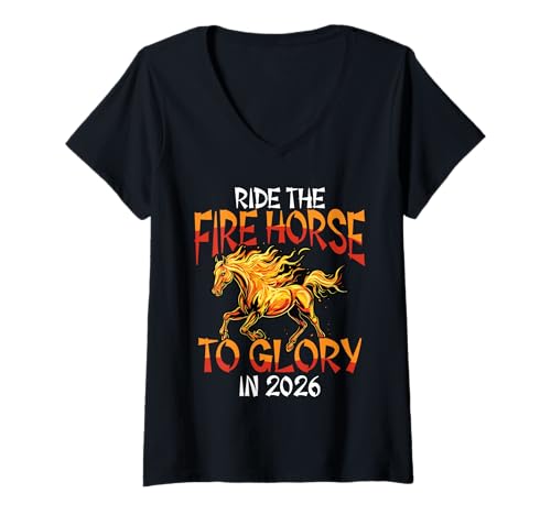 Damen Reite Den Feuer-Pferd Zu Ruhm Im Jahr 2026 T-Shirt mit V-Ausschnitt Damen Reite Den Feuer-Pferd Zu Ruhm Im Jahr 2026 T-Shirt mit V-Ausschnitt von Lunar Zodiac Neujahr Pferde Designs Feier