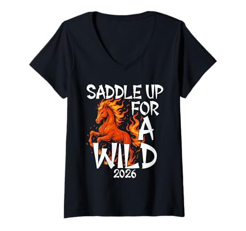 Damen Sattel Dich Auf Für EIN Wildes Jahr 2026 Mit Dem Feurigen T-Shirt mit V-Ausschnitt Damen Sattel Dich Auf Für EIN Wildes Jahr 2026 Mit Dem Feurigen T-Shirt mit V-Ausschnitt von Lunar Zodiac Neujahrsfeier Mit Pferde-designs