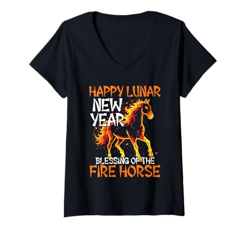 Damen Segnung des Feuerpferdes Zum Lunar Neujahr 2026 T-Shirt mit V-Ausschnitt Damen Segnung des Feuerpferdes Zum Lunar Neujahr 2026 T-Shirt mit V-Ausschnitt von Lunar Zodiac Neujahrsfeier Mit Pferdedesigns