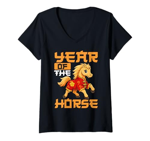Damen Süßes Jahr des Pferdes Lunar Chinese New Year 2026 T-Shirt mit V-Ausschnitt Damen Süßes Jahr des Pferdes Lunar Chinese New Year 2026 T-Shirt mit V-Ausschnitt von Lunar Zodiac New Year Horse Designs Feier