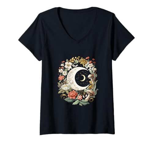 Damen Halbmond mit Blumen und Pilzen, himmlische Botanik T-Shirt mit V-Ausschnitt von LunarBloom