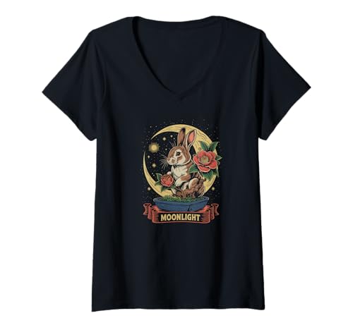 Damen Hase Mondschein Kamelie Sterne Bonsai Nachttraum T-Shirt mit V-Ausschnitt von LunarBunny