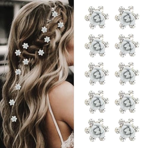 LunarCharm 10 Stück Mini-Haarnadeln mit weißen Strasssteinen, Haarspangen mit Rosen, Dekorative Haarspangen, Haarspangen für Mädchen Hochzeit Haarschmuck dekorativ von LunarCharm