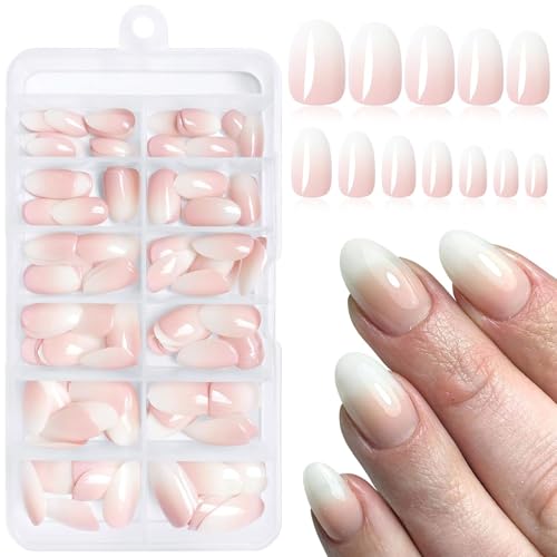 LunarCharm 144 Stück Ombre Press on Nails Kurze ovale Fake Nails, Pink Weiß Ombre Nude Kurzer Falscher Nagel Künstliche Fingernägel Damen Stick von LunarCharm