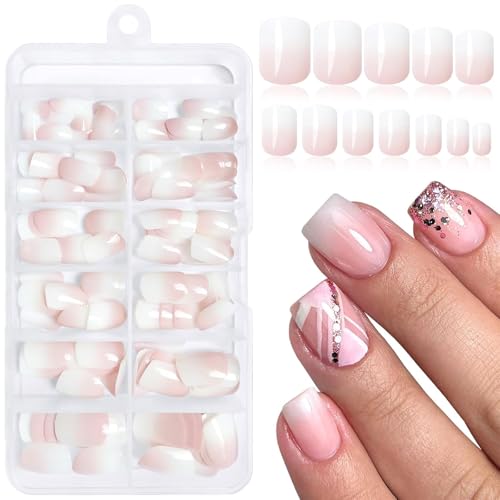 LunarCharm 144 Stück kurze quadratische Press-on-Nägel, Ombre Weiß Pink Ombre kurze falsche Nägel Damen, künstliche Fingernägel, DIY von LunarCharm