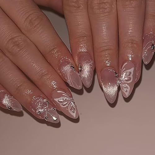 LunarCharm 24 Stück Katzenaugen-Press-on-Nägel kurze mandelförmige Kunstnägel Schmetterlings-Strass-Designs Acrylgel zum Aufkleben der Nägel für Frauen von LunarCharm
