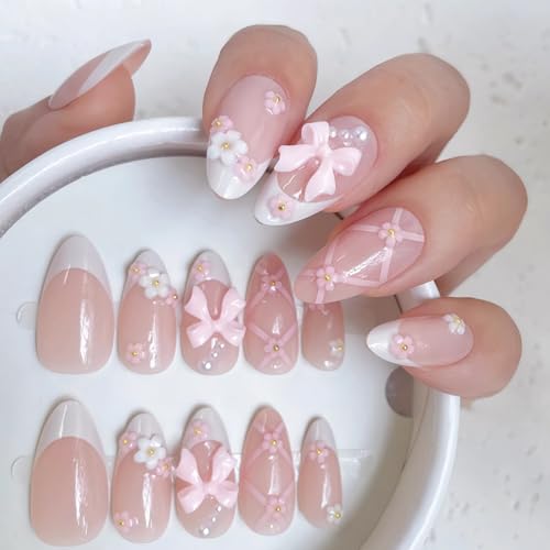 LunarCharm 24 Stück Rouge Pink French Almond Press On Nails, Mittellange künstliche Nägel mit 3D-Schleifen- und Blumendesign, wiederverwendbare aufklebbare Nagelspitzen für Frauen von LunarCharm