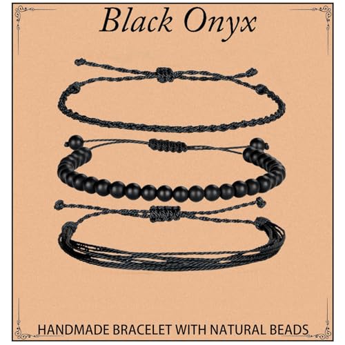 LunarCharm 3 Stück geflochtene Armbänder aus Naturstein, Armband aus natürlichen mattschwarzen Onyx-Edelsteinperlen mit Karte als Geschenk für Männer und Frauen von LunarCharm