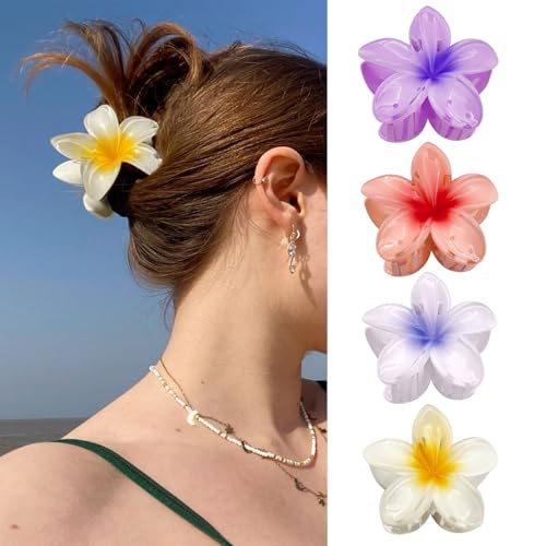 LunarCharm 4 Stück Bunte Blumen Haarklammern, Rutschfeste Hawaii Haarspange Niedliche Acryl Haarklammern für Damen, für Dickes und Dünnes Haar, Blumenförmiger Haarschmuck von LunarCharm
