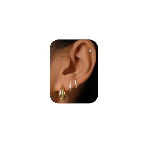 LunarCharm 4-teiliges Set Goldene Creolen-Set für Damen, 14K vergoldete kleine Doppel-Creolen mit Geschenkbox, zierliche Huggie-Ohrringe für Frauen für mehrere Piercings von LunarCharm