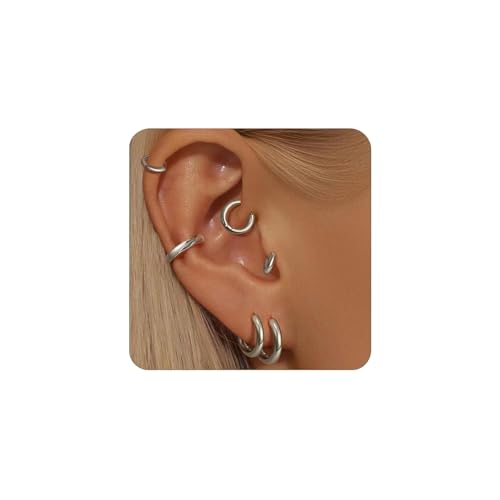 LunarCharm 6 Paar Silber Creolen für Damen, 20G hypoallergenes Edelstahl-Huggie-Creolen-Set, winzige Knorpel-Conch-Helix-Ohrringe für mehrere Piercingschmuckstücke von LunarCharm