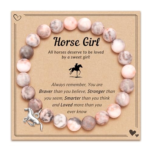 LunarCharm Armband mit Pferdeanhänger aus rosa Naturstein, Armband mit Pferdeanhänger für Mädchen, Pferdegeschenke für Mädchen, Tochter, Nichte, Enkelin, die Pferde liebte von LunarCharm