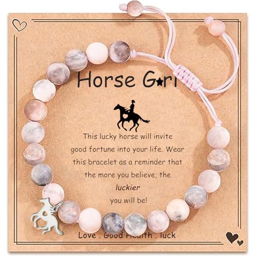 LunarCharm Armband mit Pferdeanhänger aus rosa Naturstein, Kinder Mädchen Armband für Mädchen, Enkelin, Tochter, Nichte, die Pferde liebte, Pferdegeschenke von LunarCharm
