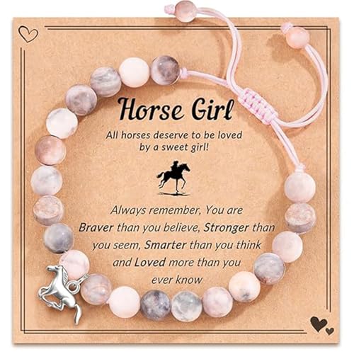 LunarCharm Armband mit Pferdeanhänger aus rosa Naturstein, Pferdegeschenke für Mädchen, Armband mit Pferdeanhänger für Mädchen, Enkelin, Tochter, Nichte, die Pferde liebte von LunarCharm