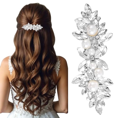 LunarCharm Strass Haarspangen mit Perle, Silberne Braut Haarschmuck für Frauen, Funkelnde Kristall Haarnadeln, Ausgefallene Blumen Haarspangen für Hochzeit, Braut, Lange Haare von LunarCharm