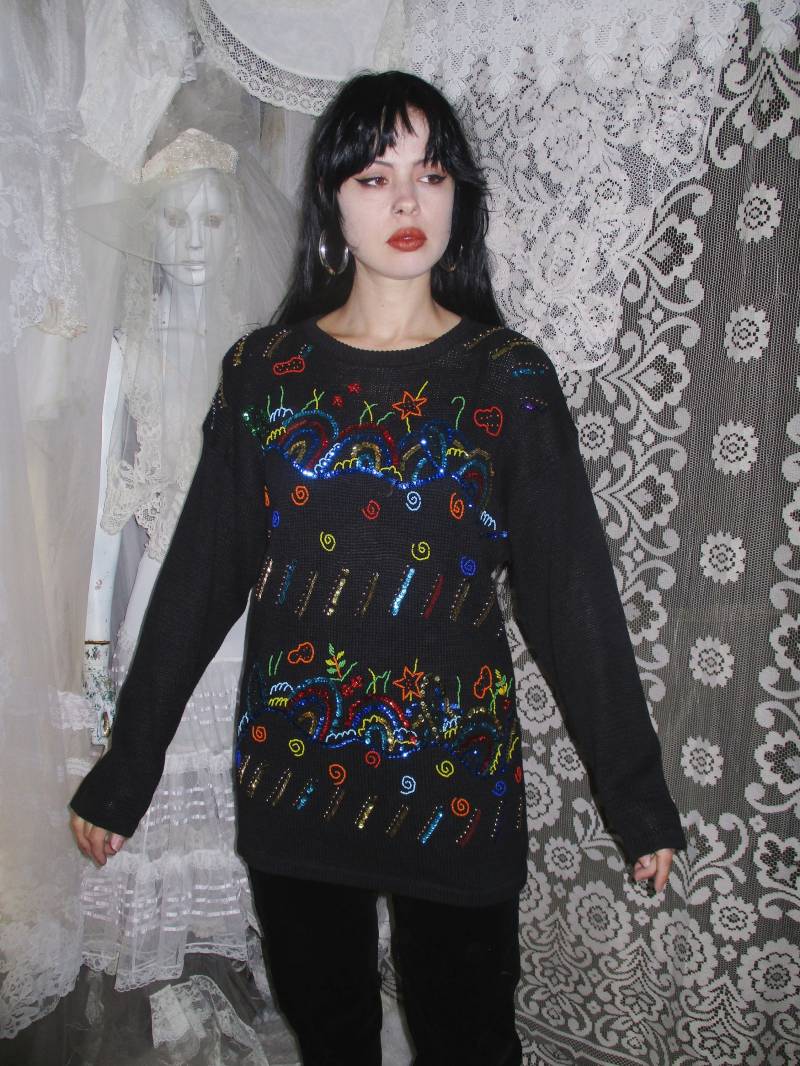 90Er Schwarzer Perlen Pailletten Pullover Lang Oversized Baggy Locker Helles Abstraktes Muster Gemütlich Herbst Winter Retro Schulter Polster Witchy von LunarHovel