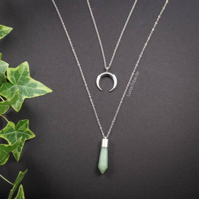 Lange, Doppelte Halskette Aus Edelstahl Mit Halbmondanhänger Und Natürlichem Aventurin Größenverstellbare Layering-Halskette in Silber von LunarTribeJewelry