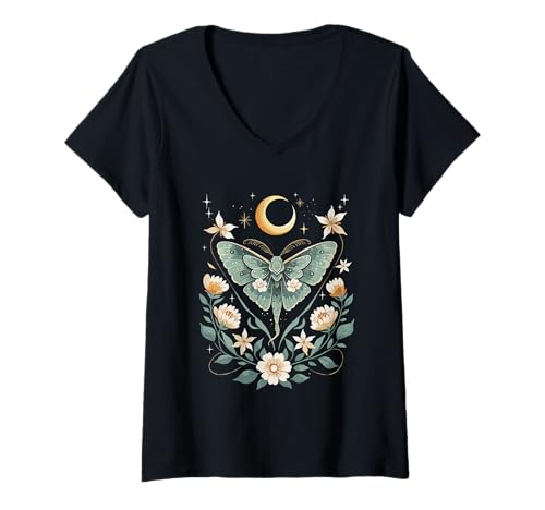 Damen Luna-Motte mit Halbmond und floraler ästhetischer Natur T-Shirt mit V-Ausschnitt Damen Luna-Motte mit Halbmond und floraler ästhetischer Natur T-Shirt mit V-Ausschnitt von LunarWings