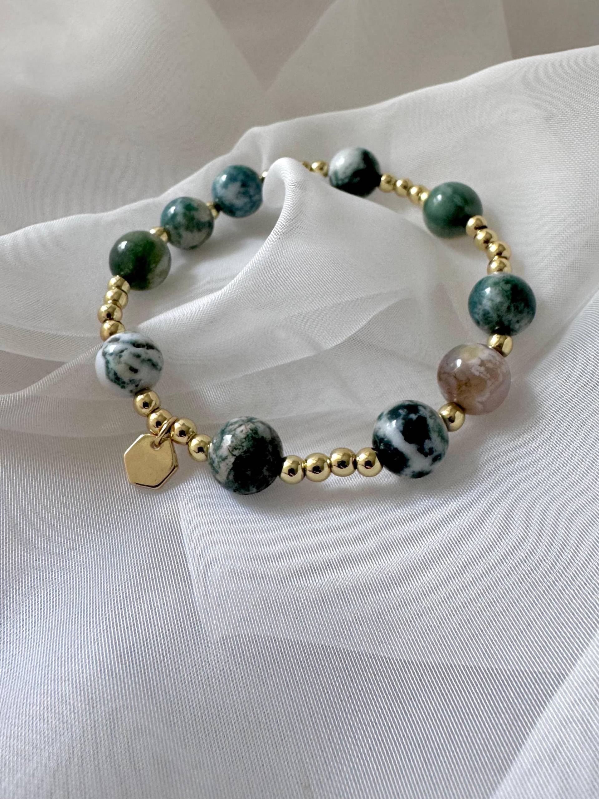 Echtes Edelstein Perlen Armband Aus Baumachat Mit 18K Gold Filled Perlen, Natürliches Heilstein Armband, Handgefertigt Echtes Edelstein Perlen Armband Aus Baumachat Mit 18K Gold Filled Perlen, Natürliches Heilstein Armband, Handgefertigt von LunariaJuwels