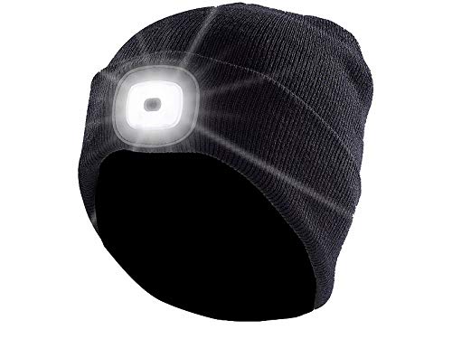 Lunartec Mütze mit Licht: Schwarze Strickmütze mit weißen (vorne) & roten (hinten) LEDs (Mütze mit Licht vorne und hinten, mit integrierter Stirnlampe, Taschenlampen) von Lunartec